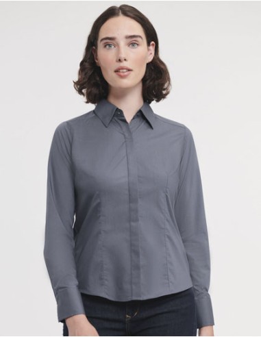 RUS-0R924F0-Ladies' Long Sleeve Fitted Polycotton Poplin Shirt